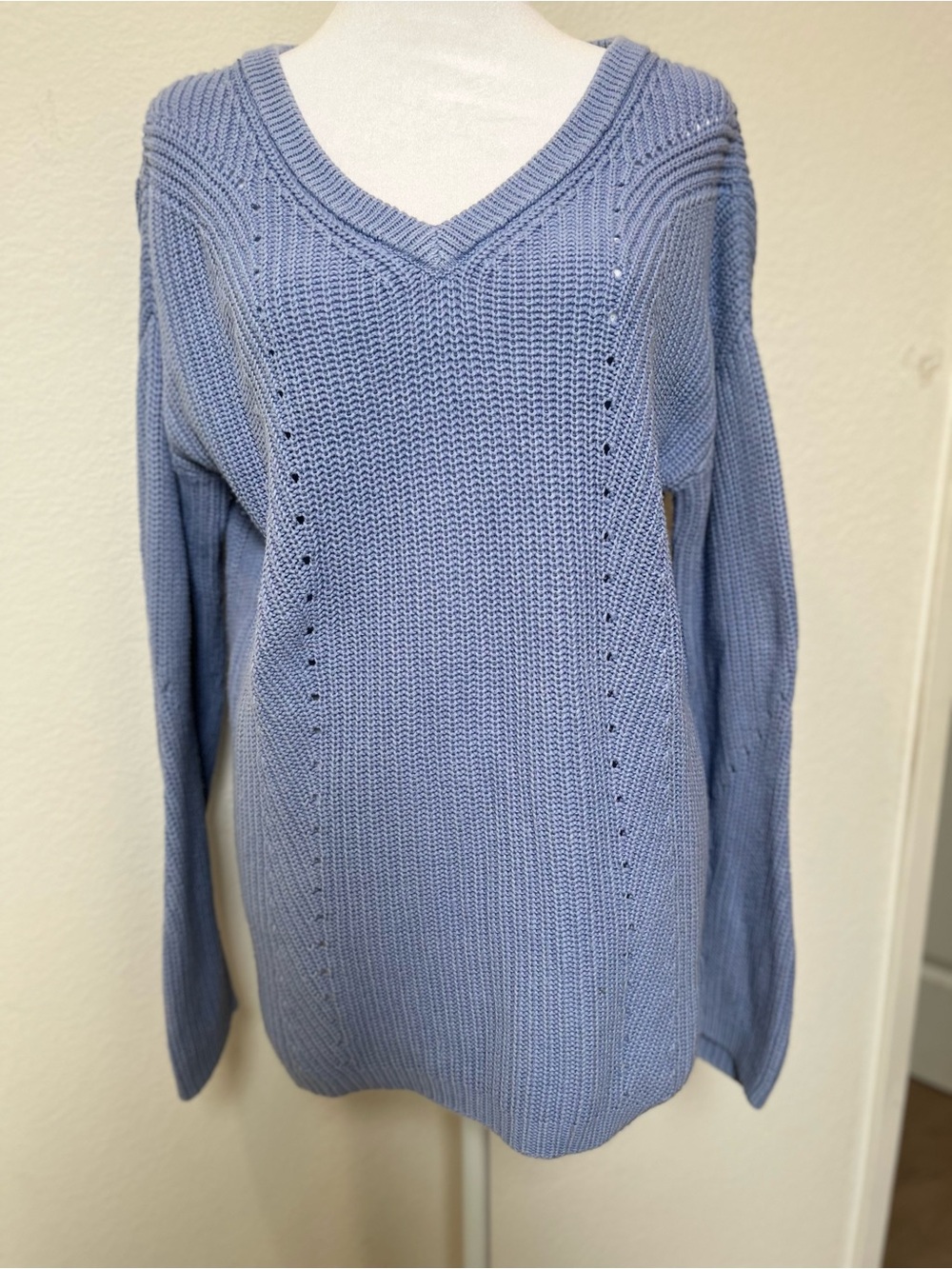 Alya Soft V-Neck Knit Cotton BlendSweater in Dusty Blue W Cross Ties In Back